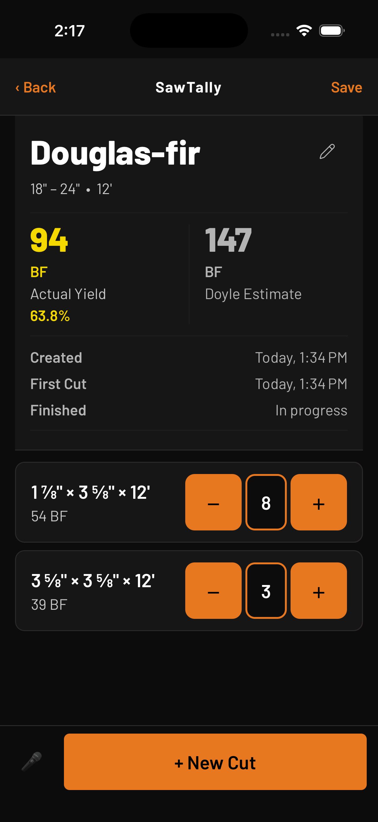 SawTally log detail: actual yield vs. Doyle estimate